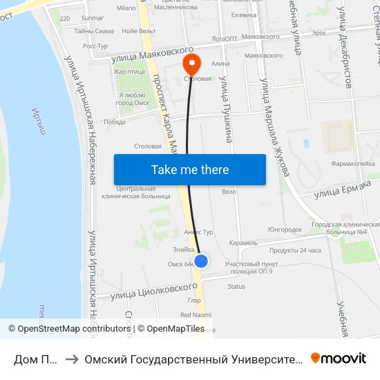 Дом Печати to Омский Государственный Университет Путей Сообщения map