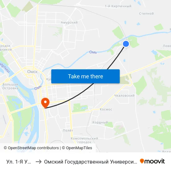 Ул. 1-Я Учхозная to Омский Государственный Университет Путей Сообщения map