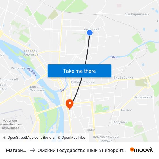 Магазин Заря to Омский Государственный Университет Путей Сообщения map