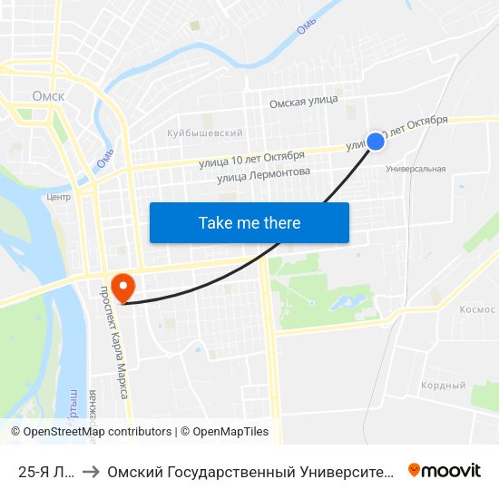 25-Я Линия to Омский Государственный Университет Путей Сообщения map