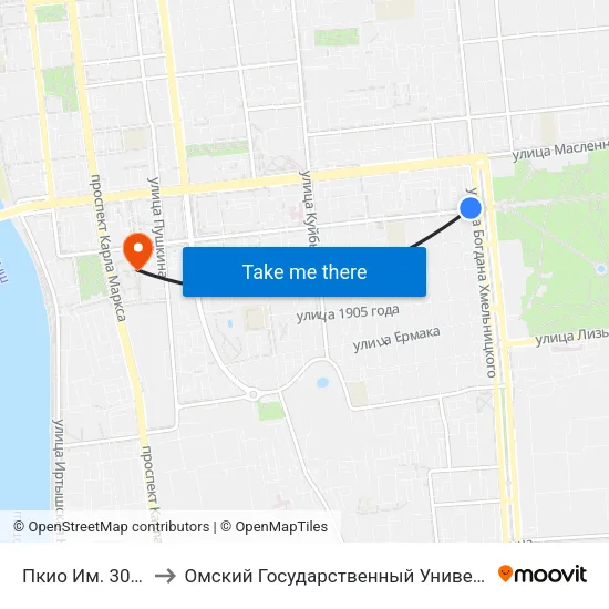 Пкио Им. 30 Лет Влксм to Омский Государственный Университет Путей Сообщения map