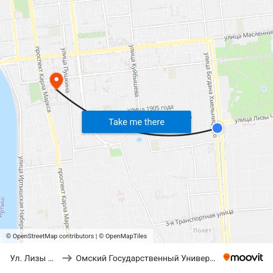 Ул. Лизы Чайкиной to Омский Государственный Университет Путей Сообщения map