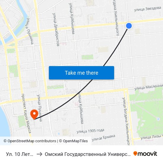 Ул. 10 Лет Октября to Омский Государственный Университет Путей Сообщения map