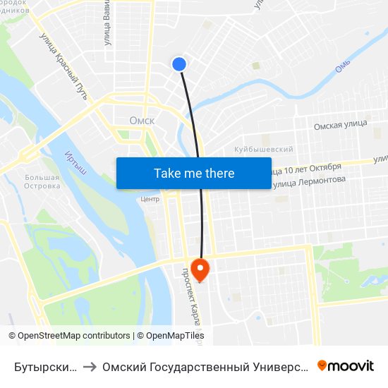 Бутырский Базар to Омский Государственный Университет Путей Сообщения map