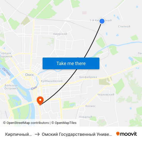 Кирпичный Завод №1 to Омский Государственный Университет Путей Сообщения map