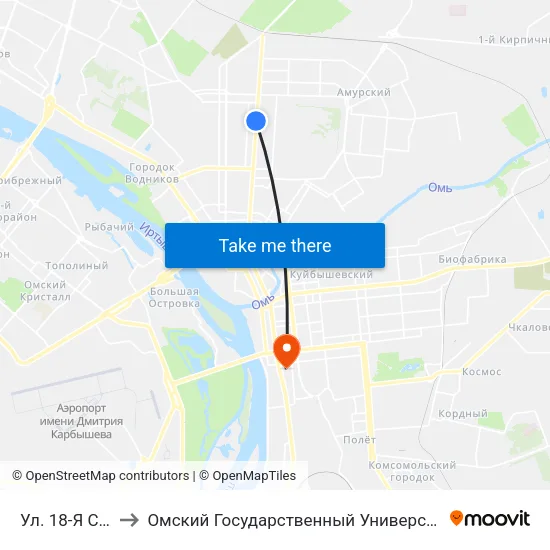 Ул. 18-Я Северная to Омский Государственный Университет Путей Сообщения map