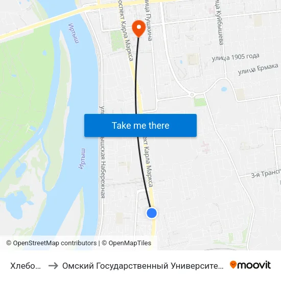 Хлебозавод to Омский Государственный Университет Путей Сообщения map
