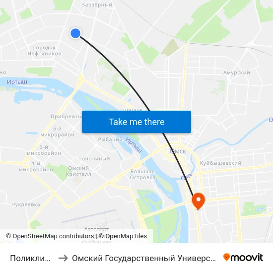 Поликлиника №4 to Омский Государственный Университет Путей Сообщения map