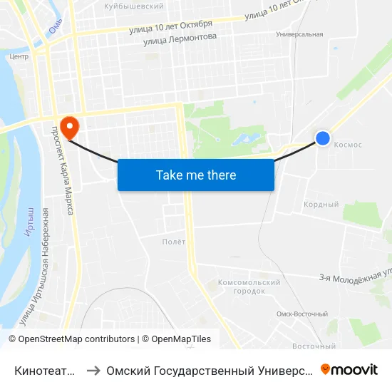 Кинотеатр Космос to Омский Государственный Университет Путей Сообщения map