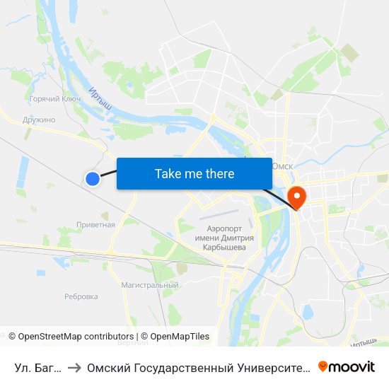 Ул. Багнюка to Омский Государственный Университет Путей Сообщения map