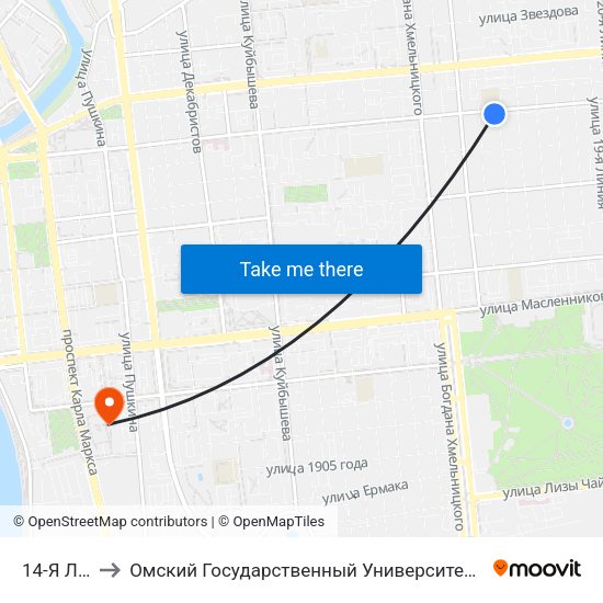 14-Я Линия to Омский Государственный Университет Путей Сообщения map