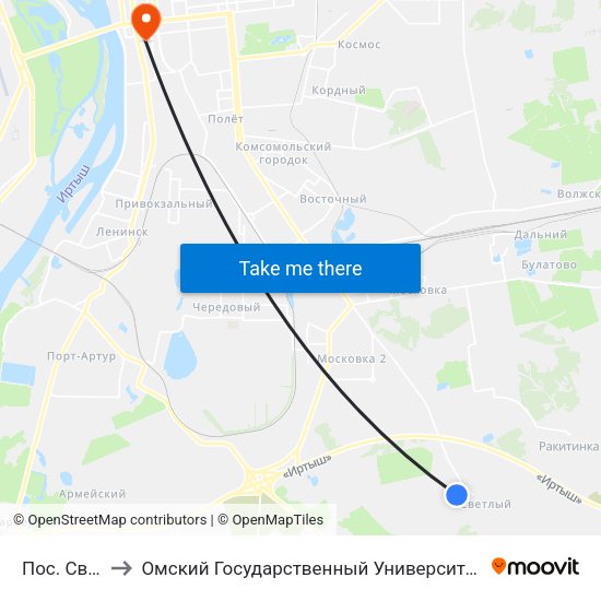 Пос. Светлый to Омский Государственный Университет Путей Сообщения map