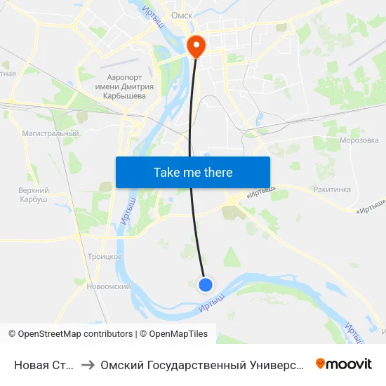 Новая Станица-1 to Омский Государственный Университет Путей Сообщения map