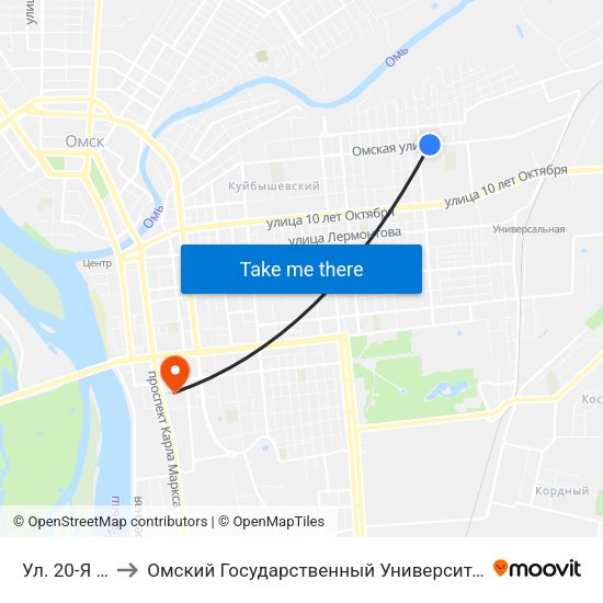Ул. 20-Я Линия to Омский Государственный Университет Путей Сообщения map