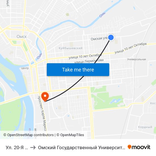 Ул. 20-Я Линия to Омский Государственный Университет Путей Сообщения map