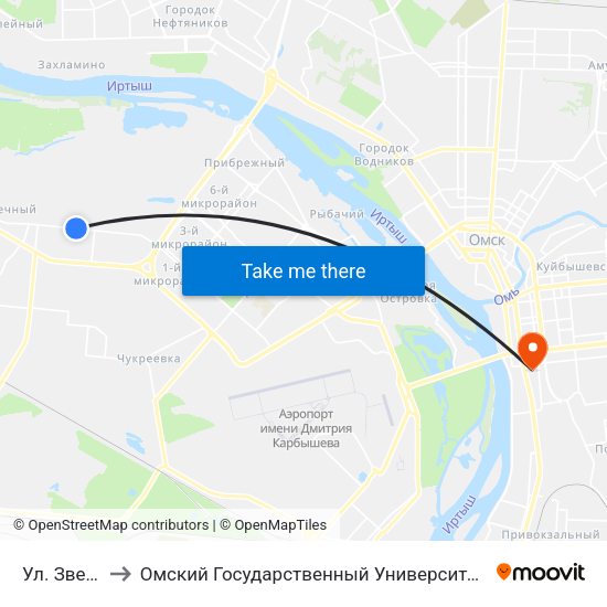 Ул. Звездная to Омский Государственный Университет Путей Сообщения map