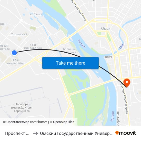Проспект Комарова to Омский Государственный Университет Путей Сообщения map