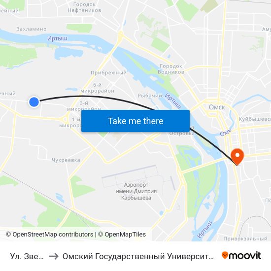 Ул. Звездная to Омский Государственный Университет Путей Сообщения map