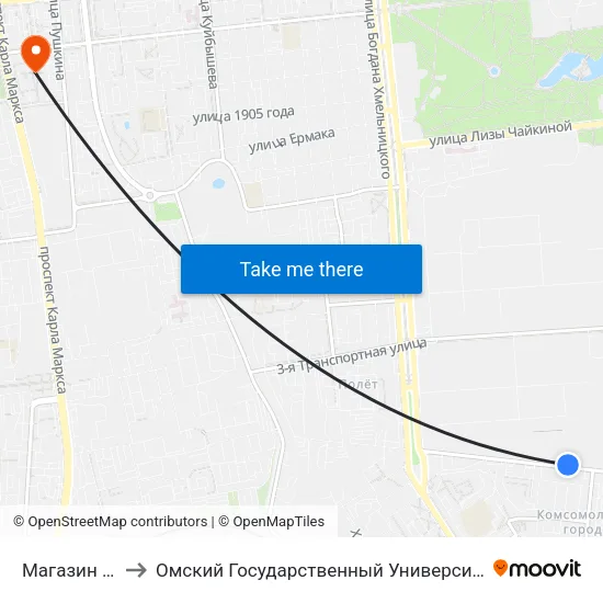 Магазин Фиалка to Омский Государственный Университет Путей Сообщения map