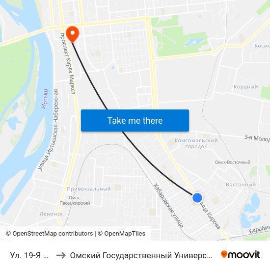Ул. 19-Я Рабочая to Омский Государственный Университет Путей Сообщения map