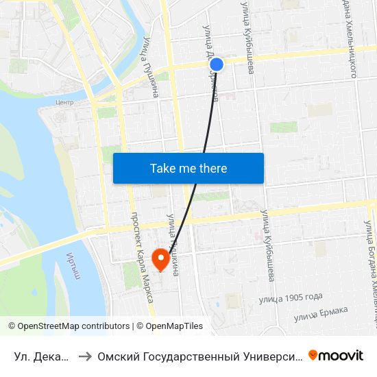 Ул. Декабристов to Омский Государственный Университет Путей Сообщения map