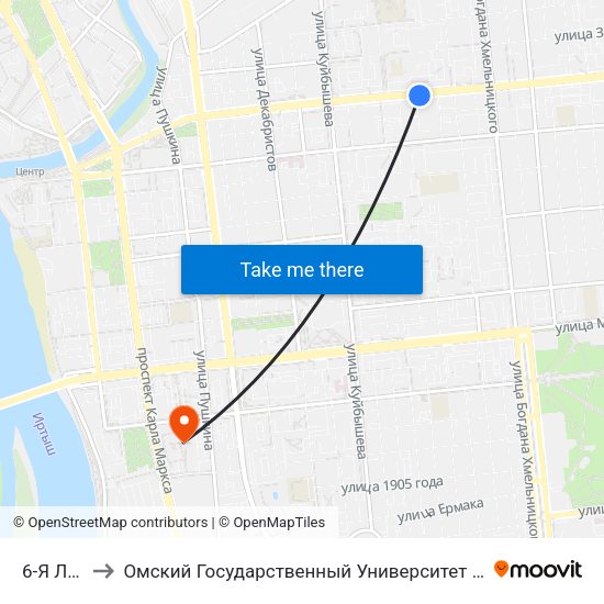 6-Я Линия to Омский Государственный Университет Путей Сообщения map
