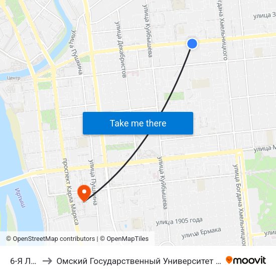 6-Я Линия to Омский Государственный Университет Путей Сообщения map