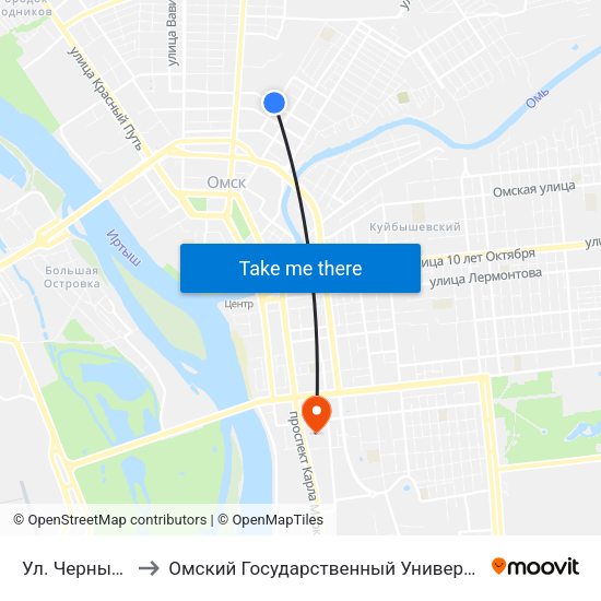 Ул. Чернышевского to Омский Государственный Университет Путей Сообщения map