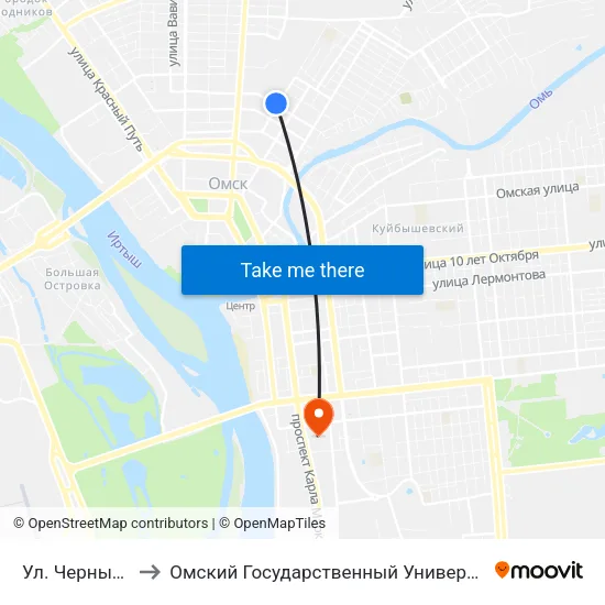 Ул. Чернышевского to Омский Государственный Университет Путей Сообщения map