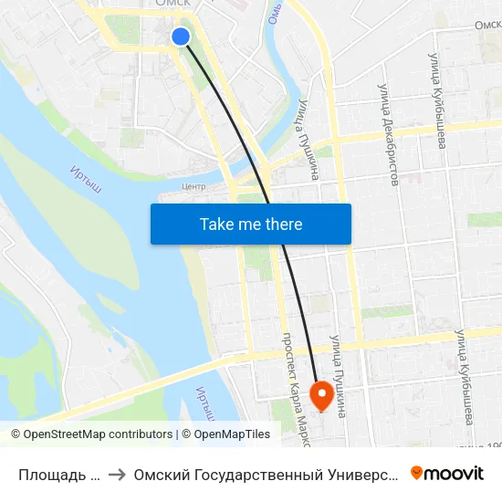 Площадь Победы to Омский Государственный Университет Путей Сообщения map