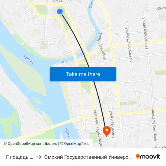 Площадь Победы to Омский Государственный Университет Путей Сообщения map