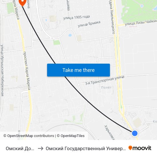 Омский Дом Дружбы to Омский Государственный Университет Путей Сообщения map