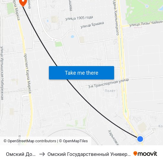 Омский Дом Дружбы to Омский Государственный Университет Путей Сообщения map