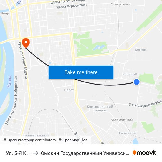 Ул. 5-Я Кордная to Омский Государственный Университет Путей Сообщения map