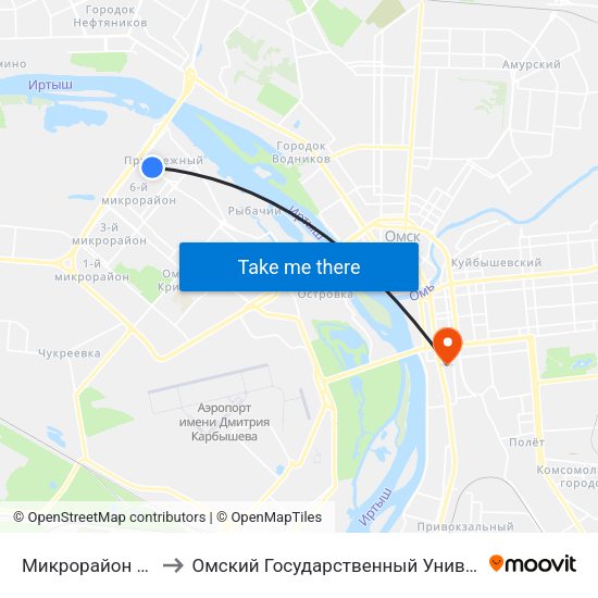 Микрорайон Прибрежный to Омский Государственный Университет Путей Сообщения map