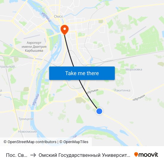 Пос. Светлый to Омский Государственный Университет Путей Сообщения map