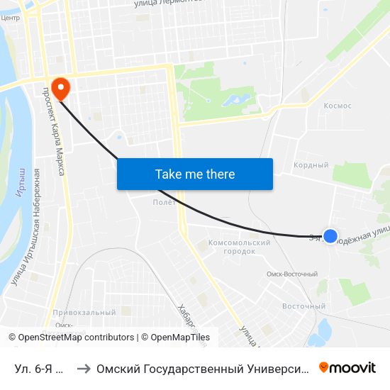 Ул. 6-Я Шинная to Омский Государственный Университет Путей Сообщения map