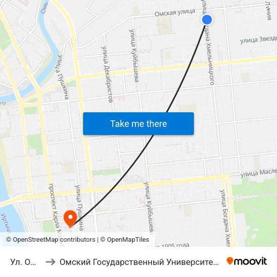 Ул. Омская to Омский Государственный Университет Путей Сообщения map