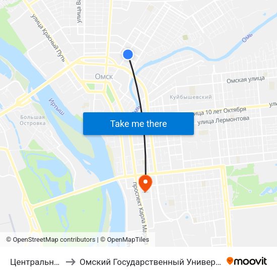Центральный Рынок to Омский Государственный Университет Путей Сообщения map