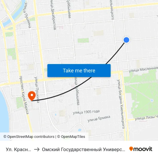 Ул. Красных Зорь to Омский Государственный Университет Путей Сообщения map