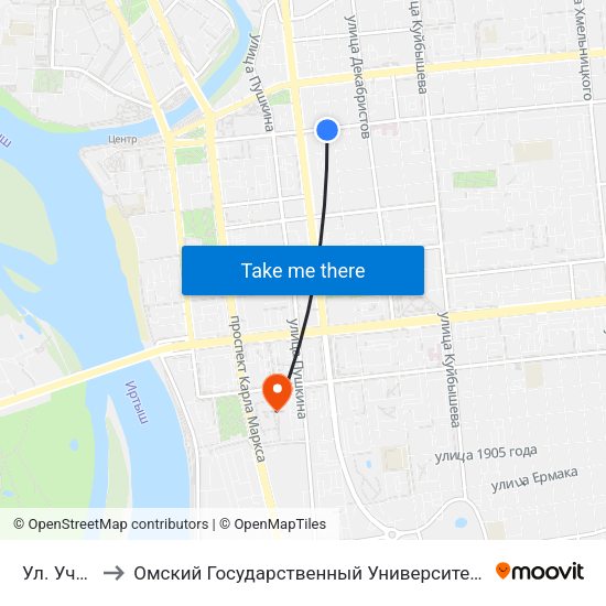 Ул. Учебная to Омский Государственный Университет Путей Сообщения map