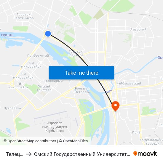 Телецентр to Омский Государственный Университет Путей Сообщения map