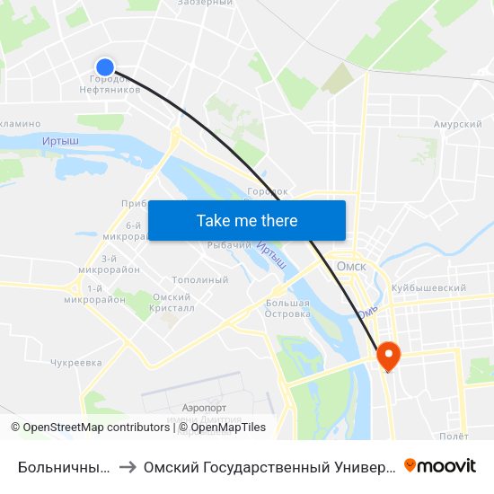 Больничный Городок to Омский Государственный Университет Путей Сообщения map