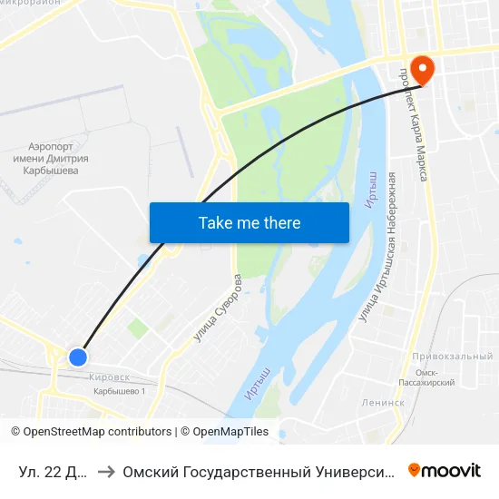 Ул. 22 Декабря to Омский Государственный Университет Путей Сообщения map