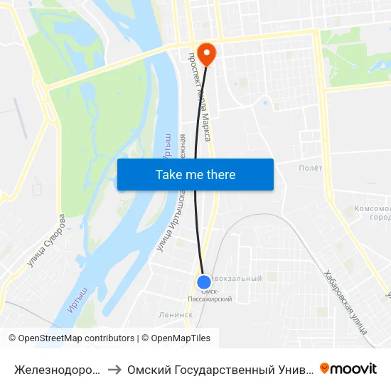 Железнодорожный Вокзал to Омский Государственный Университет Путей Сообщения map