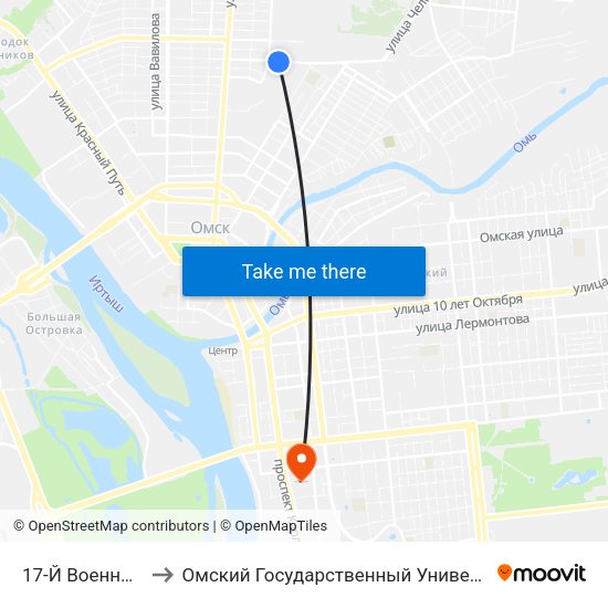 17-Й Военный Городок to Омский Государственный Университет Путей Сообщения map
