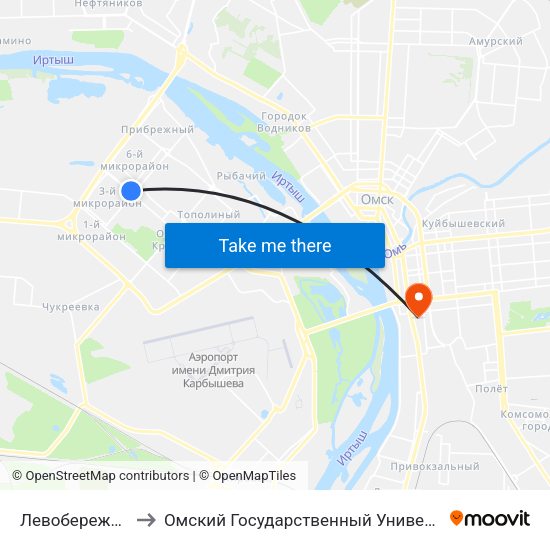 Левобережный Рынок to Омский Государственный Университет Путей Сообщения map