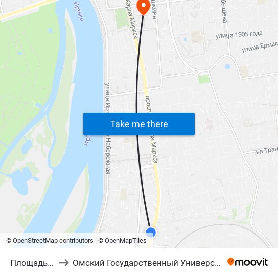 Площадь Серова to Омский Государственный Университет Путей Сообщения map