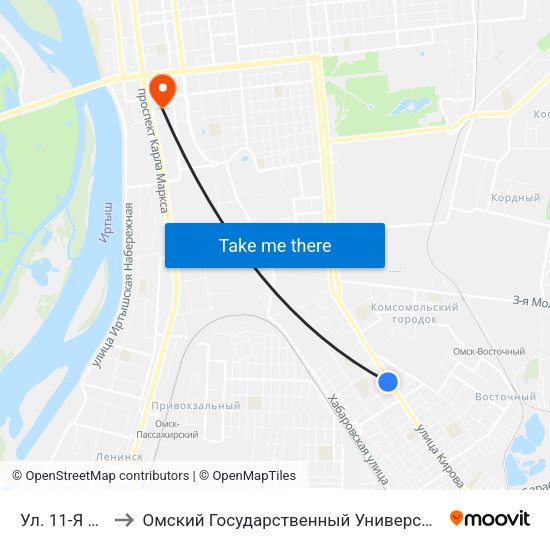 Ул. 11-Я Рабочая to Омский Государственный Университет Путей Сообщения map