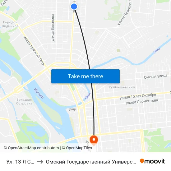 Ул. 13-Я Северная to Омский Государственный Университет Путей Сообщения map